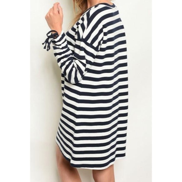 Navy Stripped Sweater Dress W Tie Sleeve - Picture 3 of 3